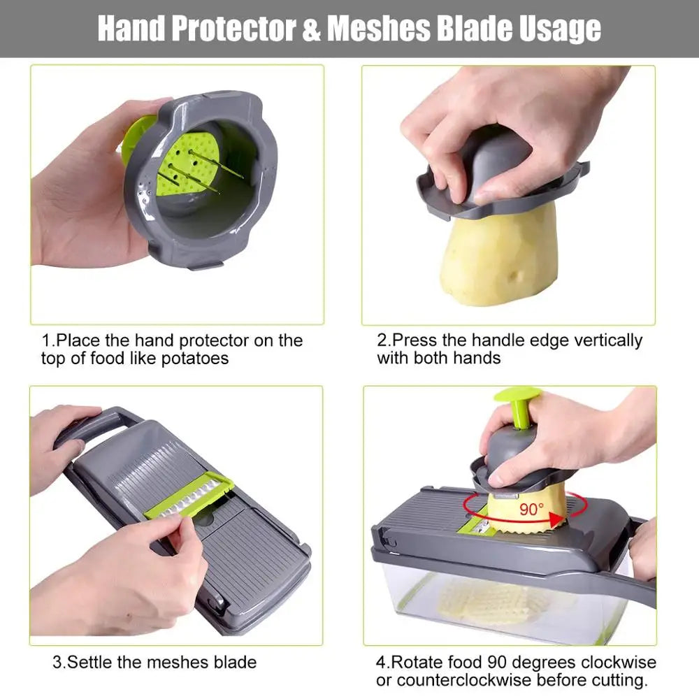 Multifunctional Vegetable Chopper with 7 Interchangeable Blades – Manual Food Slicer, Grater & Shredder