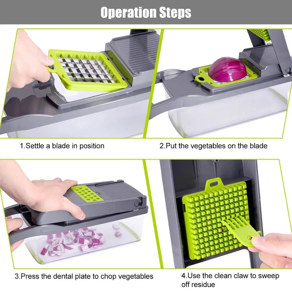 Multifunctional Vegetable Chopper with 7 Interchangeable Blades – Manual Food Slicer, Grater & Shredder