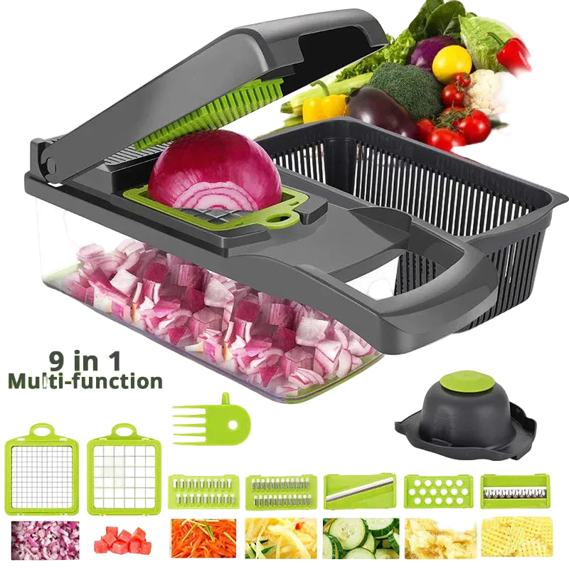 Multifunctional Vegetable Chopper with 7 Interchangeable Blades – Manual Food Slicer, Grater & Shredder