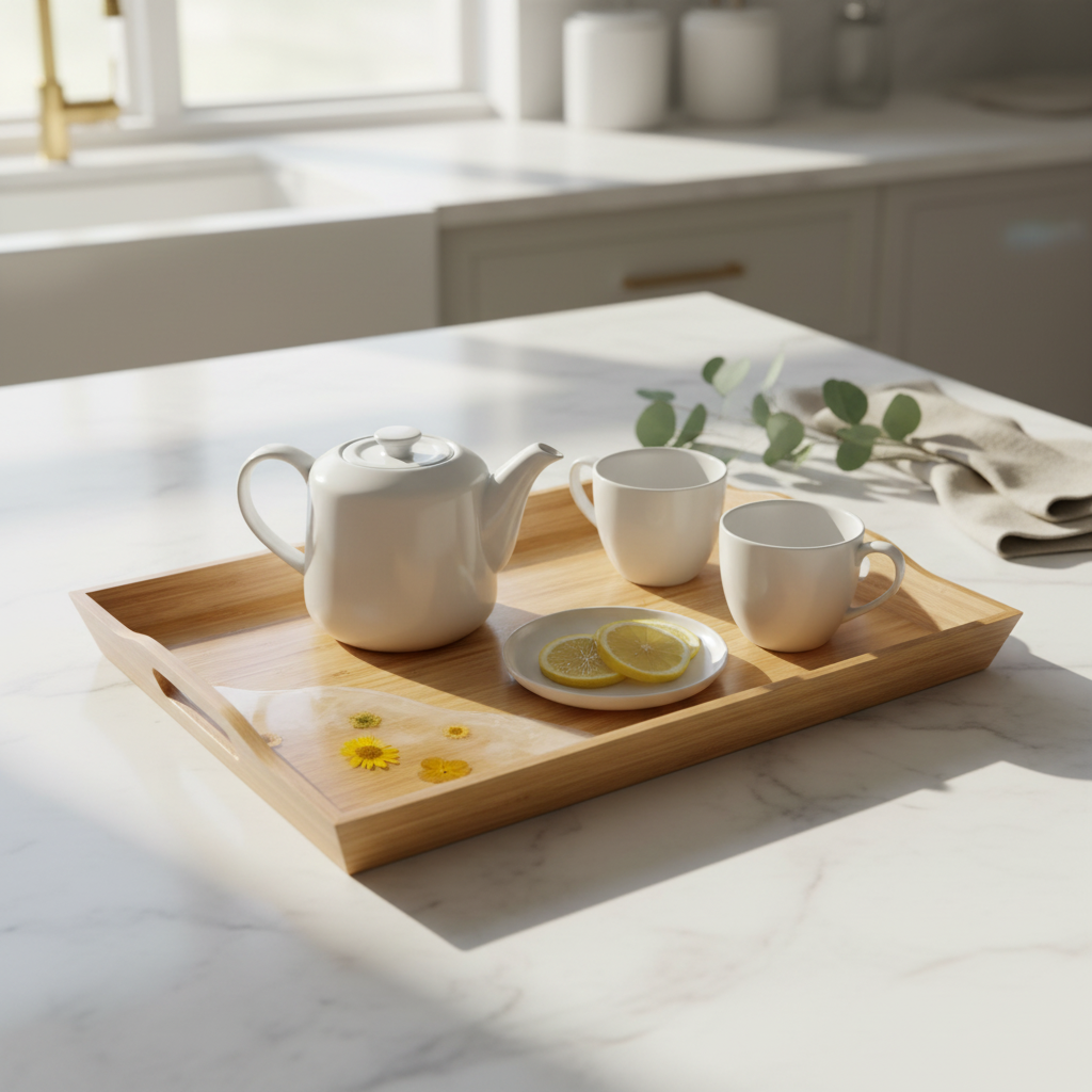 Wooden Serving Tray with Handles – 12" x 20" Natural Wood Finish, Decorative Breakfast & Coffee Tray for Kitchen, Dining, Bedroom & Ottoman Decor