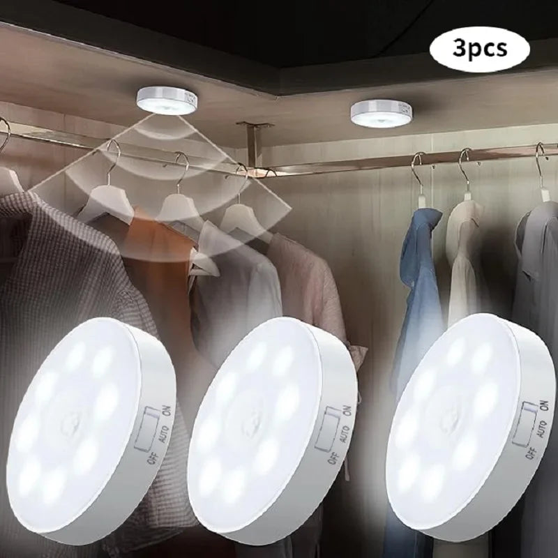 3-Pack Motion Sensor LED Night Light – USB Rechargeable Wireless Cabinet Light, 120° Sensor, Magnetic Mount, Cool/Warm White