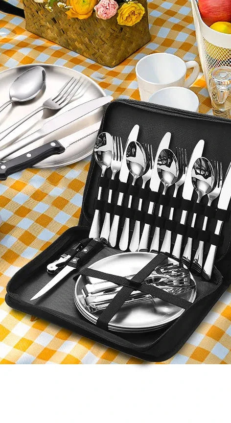 10/20Pcs Stainless Steel Outdoor Camping Cutlery Set with Storage Bag | Portable Picnic Plate Spoon Knife Fork Tong for Hiking