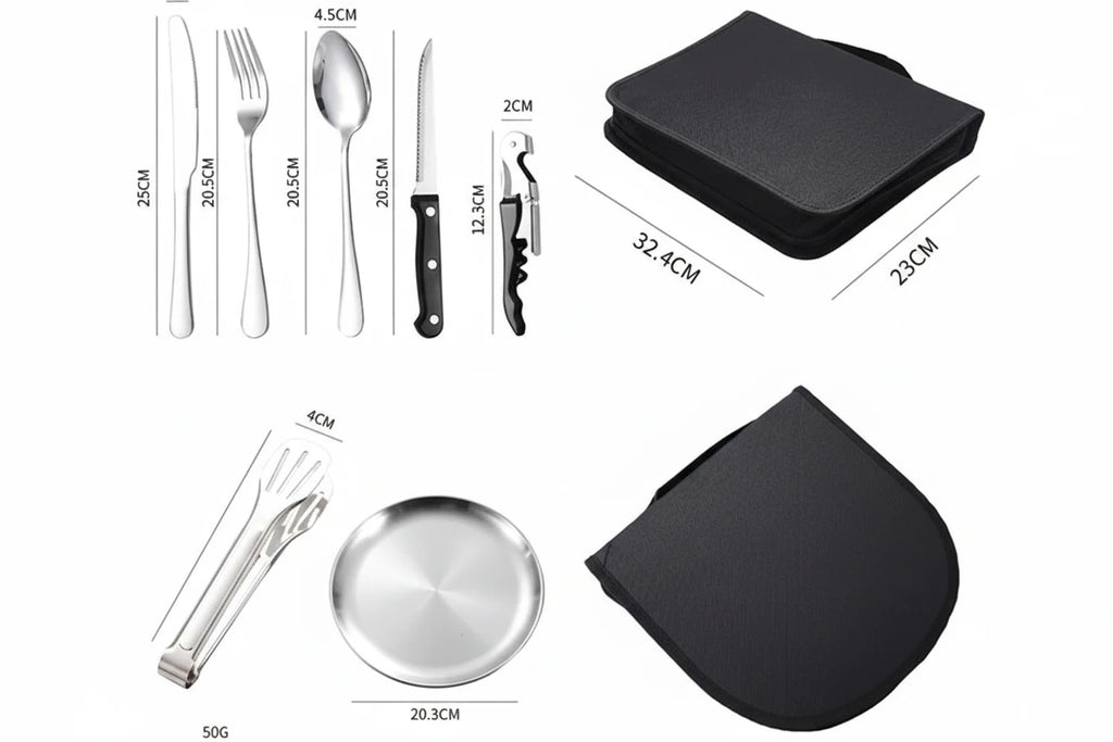 10/20Pcs Stainless Steel Outdoor Camping Cutlery Set with Storage Bag | Portable Picnic Plate Spoon Knife Fork Tong for Hiking