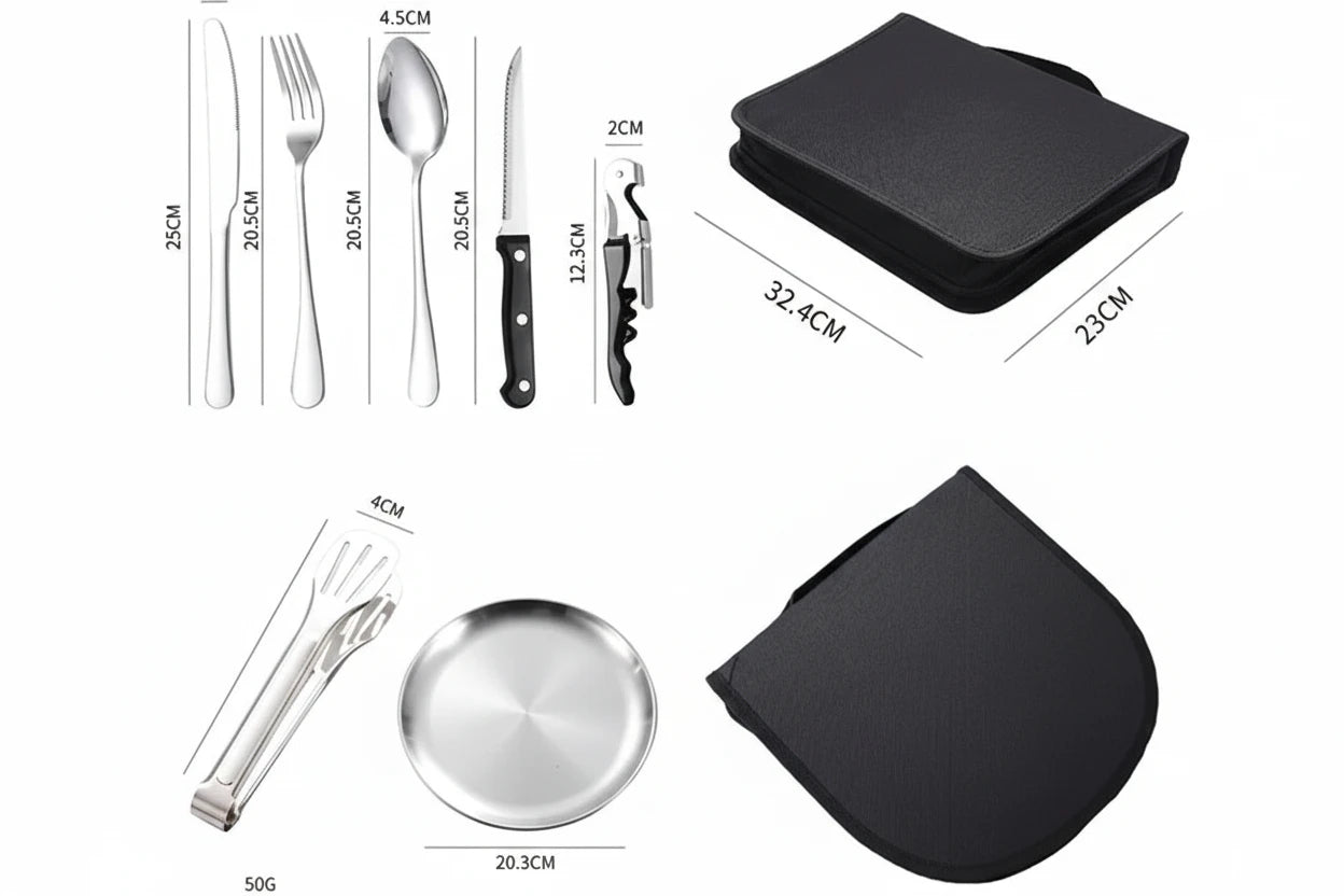 10/20Pcs Stainless Steel Outdoor Camping Cutlery Set with Storage Bag | Portable Picnic Plate Spoon Knife Fork Tong for Hiking