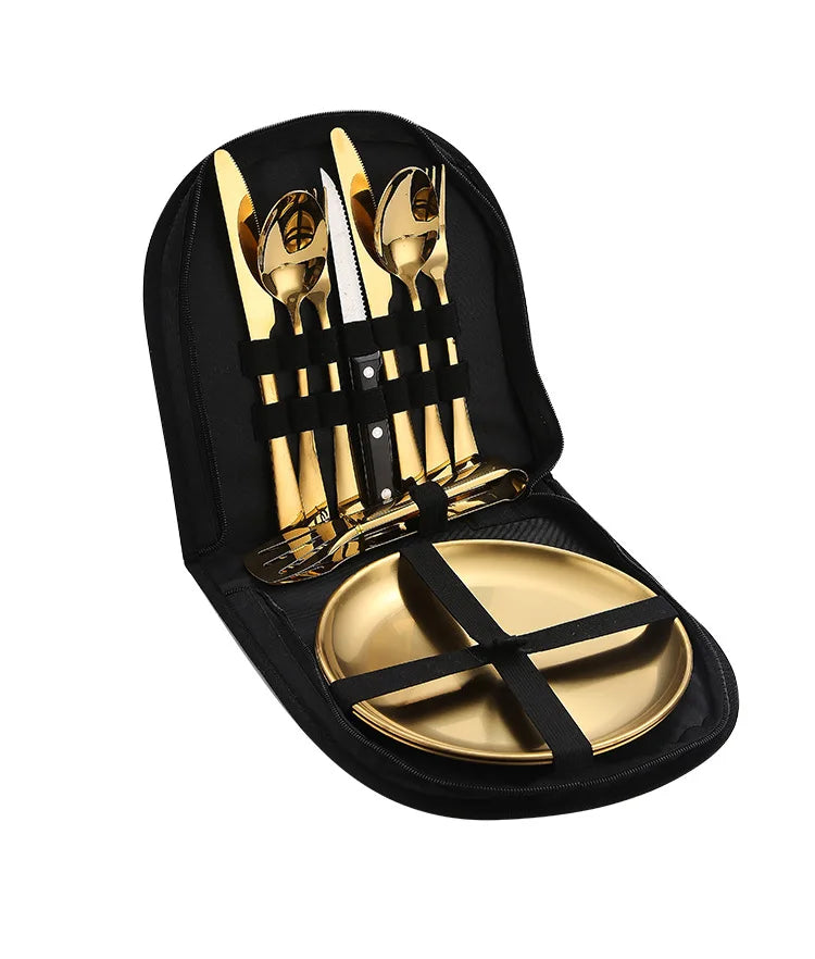 10/20Pcs Stainless Steel Outdoor Camping Cutlery Set with Storage Bag | Portable Picnic Plate Spoon Knife Fork Tong for Hiking