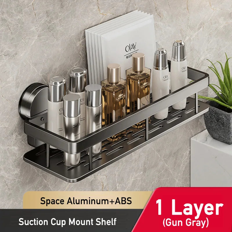 No-Drill Bathroom Shelf – Suction Cup Space Aluminum, Gun Gray