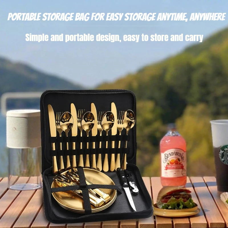 10/20Pcs Stainless Steel Outdoor Camping Cutlery Set with Storage Bag | Portable Picnic Plate Spoon Knife Fork Tong for Hiking