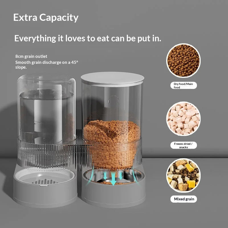 Large Capacity Gravity Pet Feeder & Water Dispenser 2-in-1 – Automatic Food & Water Bowl for Cats & Dogs, 100-200g Portion, No Electricity Needed