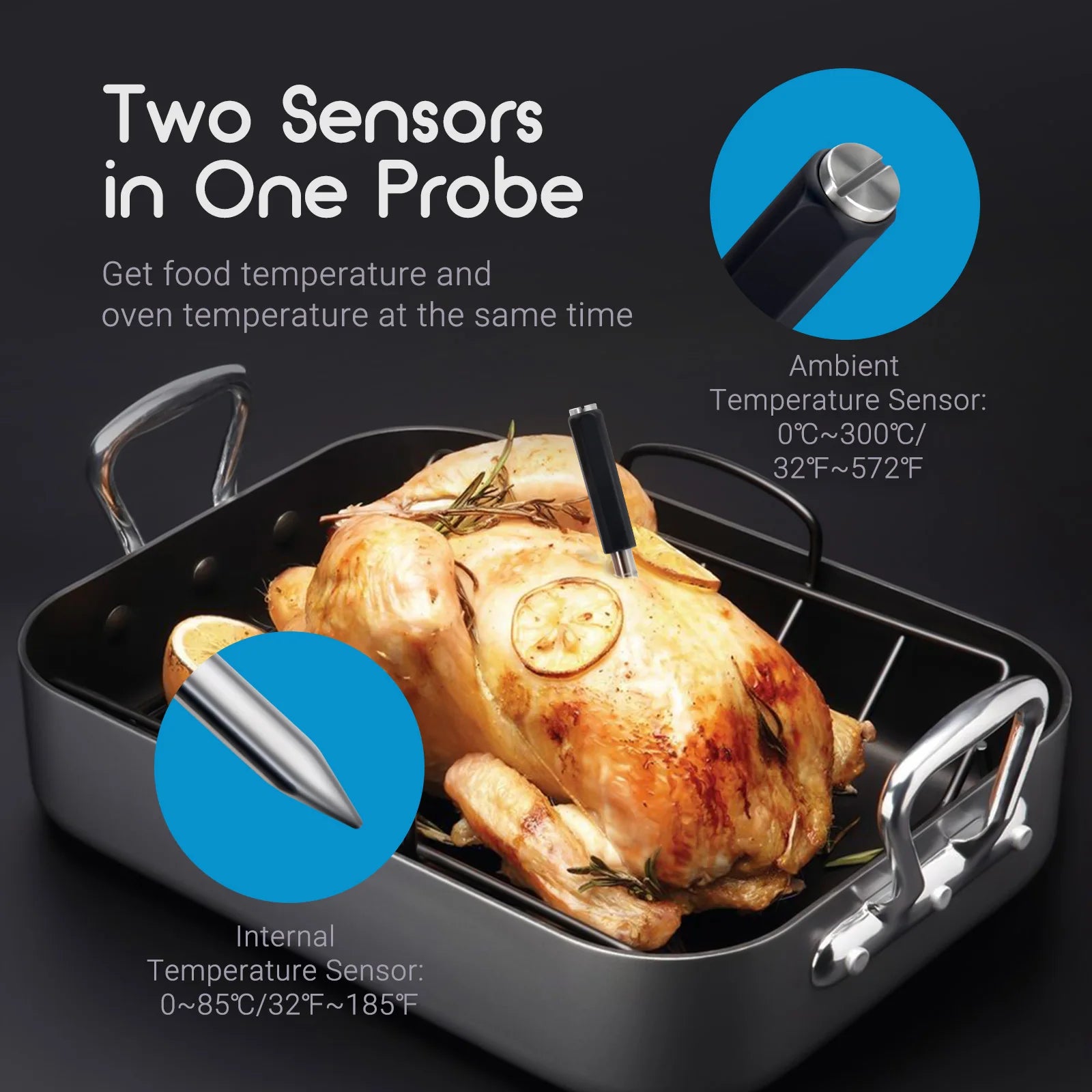 Wireless Bluetooth Meat Thermometer – IP67 Waterproof, Dual Sensor, 30m Range, 23 USDA Presets, App Monitoring for Oven, BBQ, Grill & Smoker