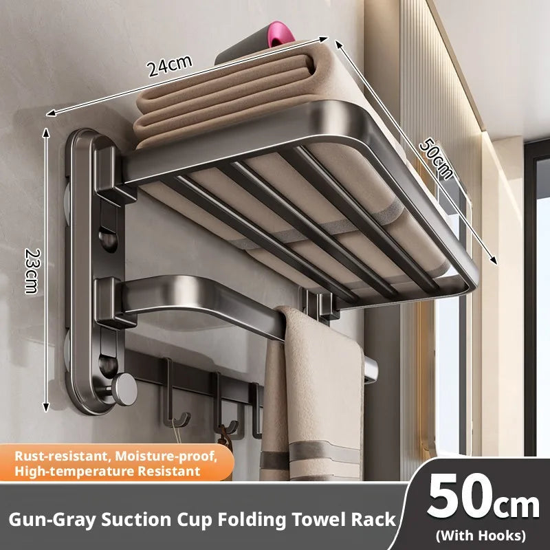 Foldable Towel Rack with Suction Cups – No Drilling Wall-Mounted Bathroom Towel Bar, Aluminum Alloy Double Bar, 50cm Space-Saving Storage Rack