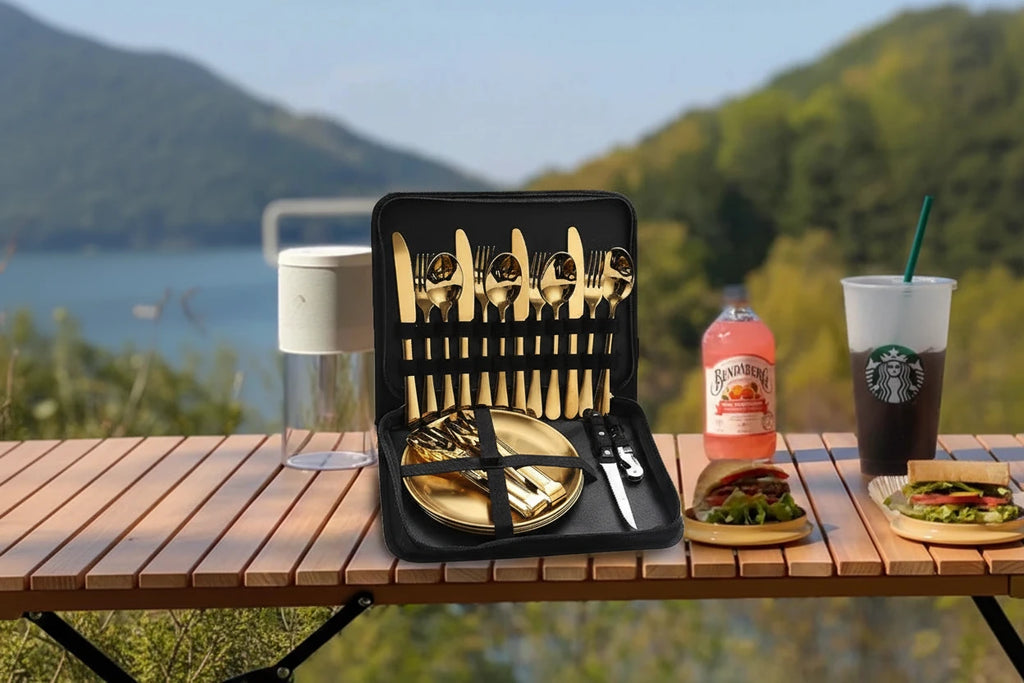 10/20Pcs Stainless Steel Outdoor Camping Cutlery Set with Storage Bag | Portable Picnic Plate Spoon Knife Fork Tong for Hiking