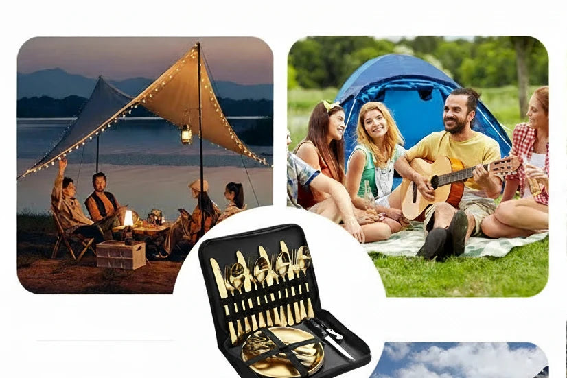 10/20Pcs Stainless Steel Outdoor Camping Cutlery Set with Storage Bag | Portable Picnic Plate Spoon Knife Fork Tong for Hiking