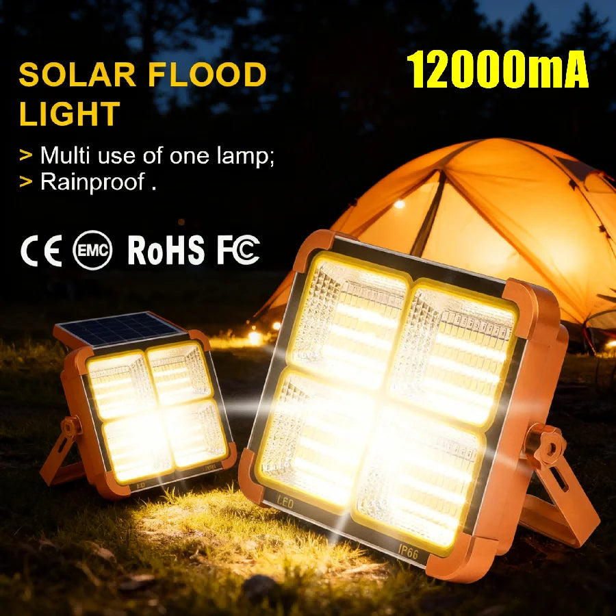 Solar Camping Flood Light – 288 LED, 12000mAh Power Bank, IP66