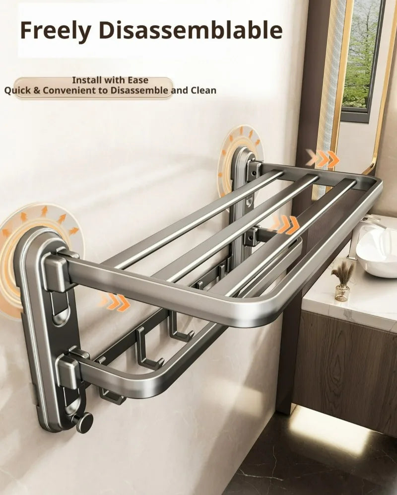 Foldable Towel Rack with Suction Cups – No Drilling Wall-Mounted Bathroom Towel Bar, Aluminum Alloy Double Bar, 50cm Space-Saving Storage Rack