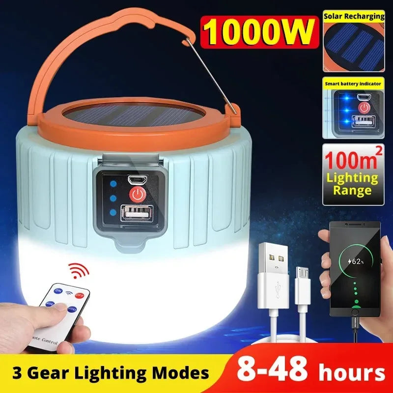 Solar Camping Light – IPX5, Remote Control, Power Bank, 3 Modes