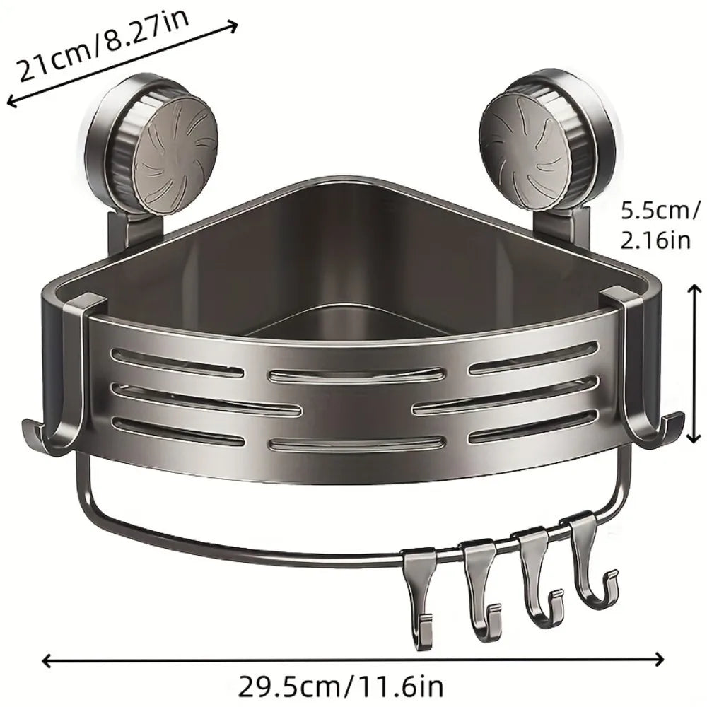 Corner Shower Shelf with Suction Cups – No Drilling Triangular Bathroom Storage Organizer with Hooks, ABS Wall-Mounted Caddy for Shampoo & Toiletries