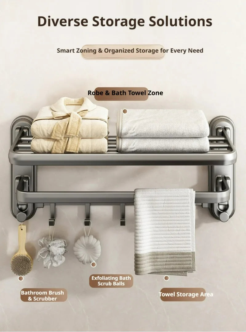Foldable Towel Rack with Suction Cups – No Drilling Wall-Mounted Bathroom Towel Bar, Aluminum Alloy Double Bar, 50cm Space-Saving Storage Rack
