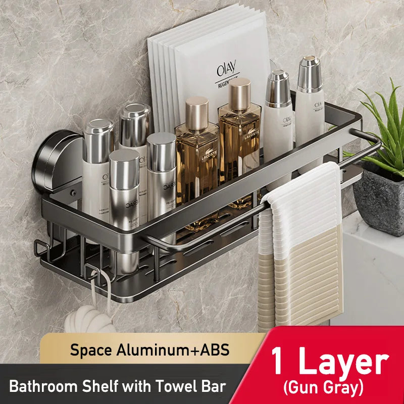 No-Drill Bathroom Shelf – Suction Cup Space Aluminum, Gun Gray