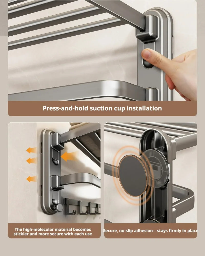 Foldable Towel Rack with Suction Cups – No Drilling Wall-Mounted Bathroom Towel Bar, Aluminum Alloy Double Bar, 50cm Space-Saving Storage Rack