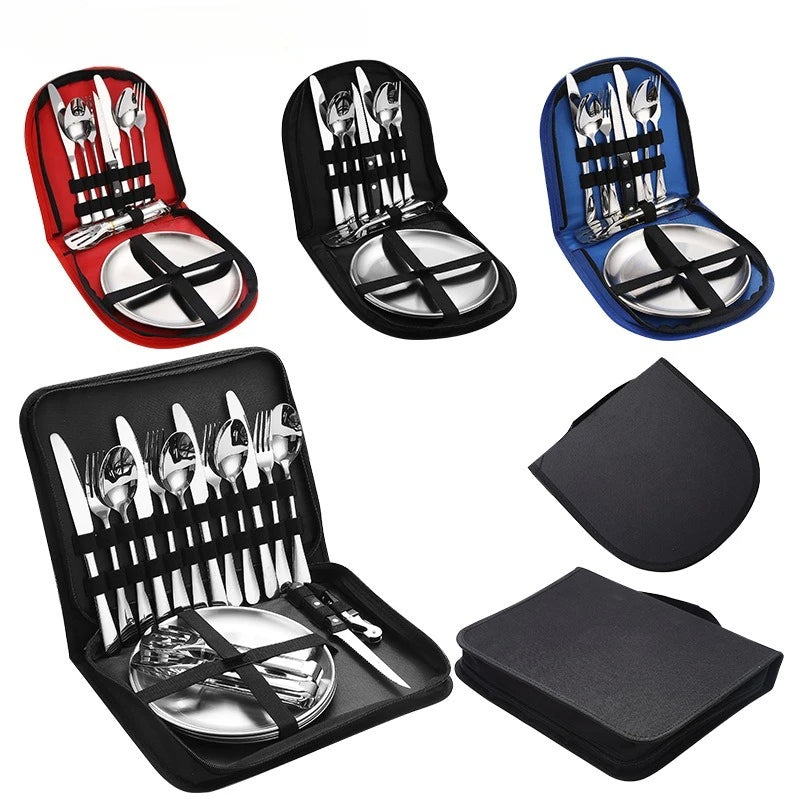 10/20Pcs Stainless Steel Outdoor Camping Cutlery Set with Storage Bag | Portable Picnic Plate Spoon Knife Fork Tong for Hiking