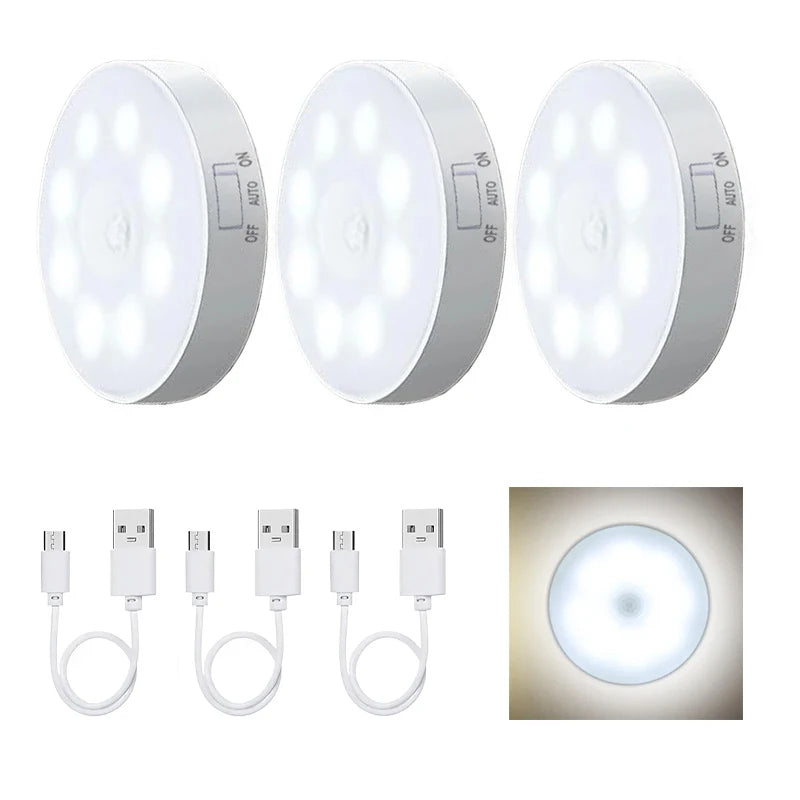 3-Pack Motion Sensor LED Night Light – USB Rechargeable Wireless Cabinet Light, 120° Sensor, Magnetic Mount, Cool/Warm White