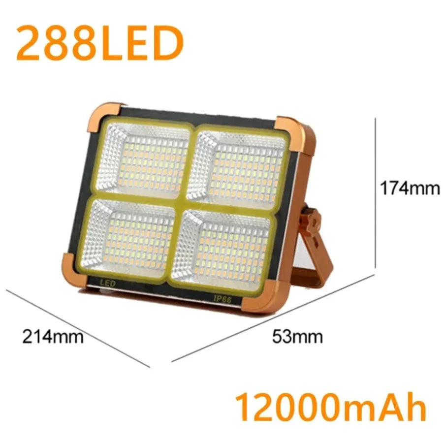 Solar Camping Flood Light – 288 LED, 12000mAh Power Bank, IP66