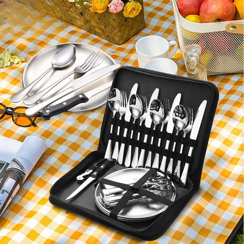 10/20Pcs Stainless Steel Outdoor Camping Cutlery Set with Storage Bag | Portable Picnic Plate Spoon Knife Fork Tong for Hiking