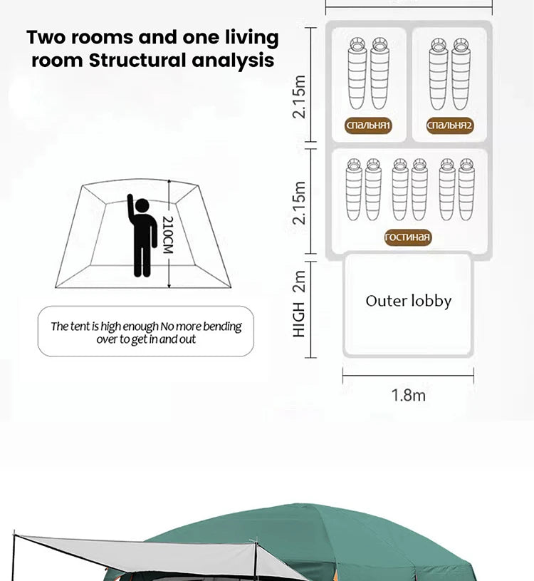330x210x185cm Person 2 Room Family Tent Large Double Layer Camping Tent with Sun Mosquito Protection Waterproof Privacy Shelter