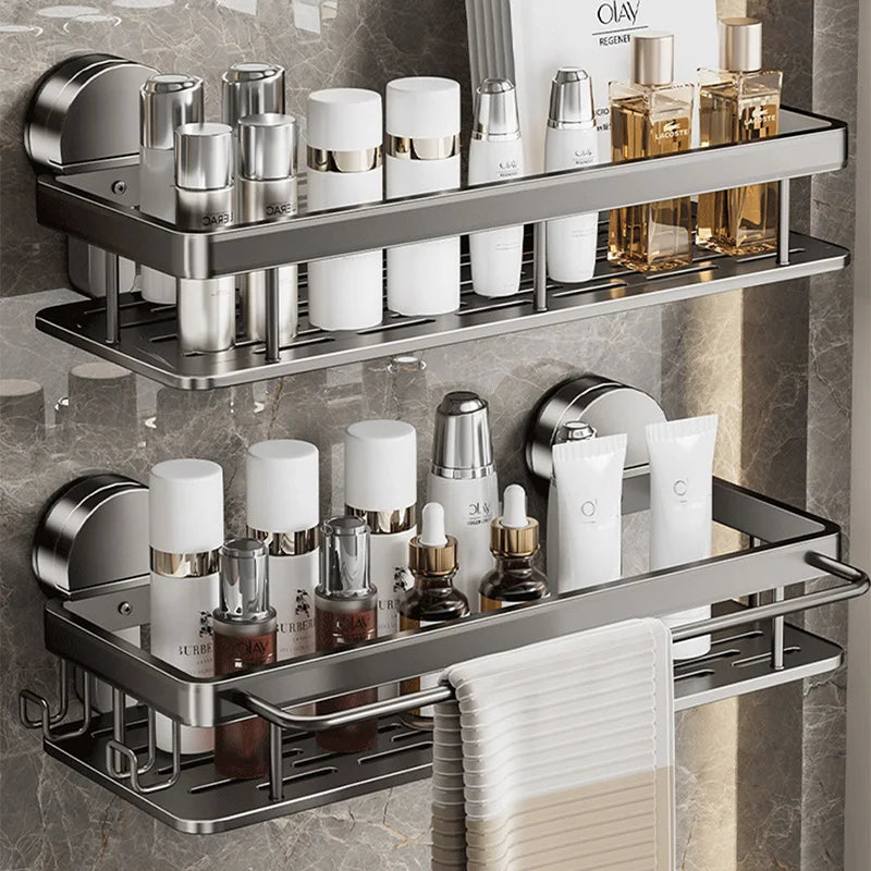 No-Drill Bathroom Shelf – Suction Cup Space Aluminum, Gun Gray