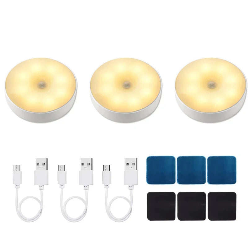 3-Pack Motion Sensor LED Night Light – USB Rechargeable Wireless Cabinet Light, 120° Sensor, Magnetic Mount, Cool/Warm White