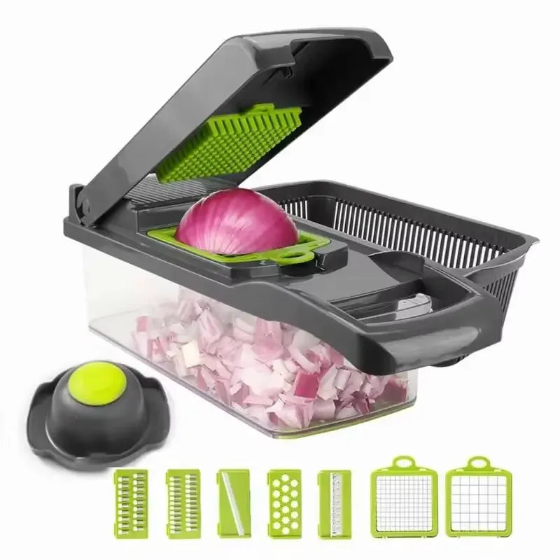 Multifunctional Vegetable Chopper with 7 Interchangeable Blades – Manual Food Slicer, Grater & Shredder