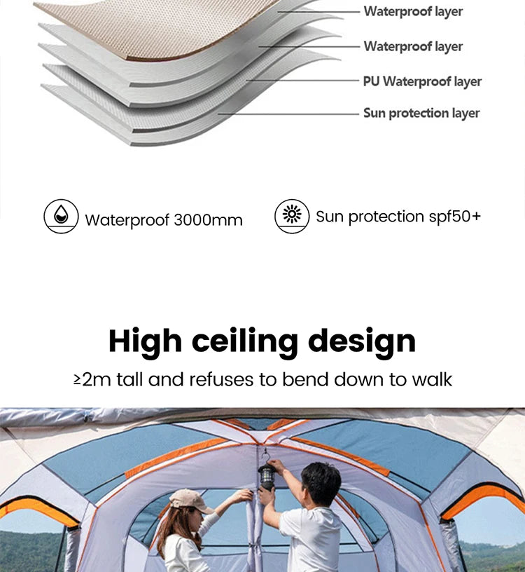 330x210x185cm Person 2 Room Family Tent Large Double Layer Camping Tent with Sun Mosquito Protection Waterproof Privacy Shelter