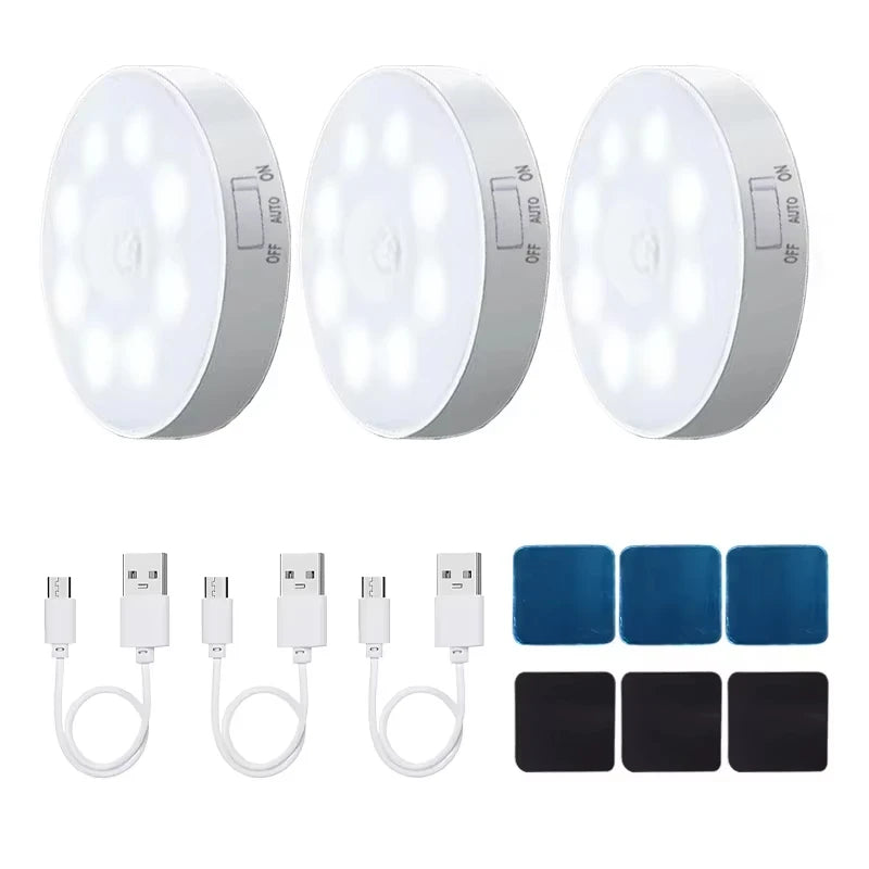 3-Pack Motion Sensor LED Night Light – USB Rechargeable Wireless Cabinet Light, 120° Sensor, Magnetic Mount, Cool/Warm White
