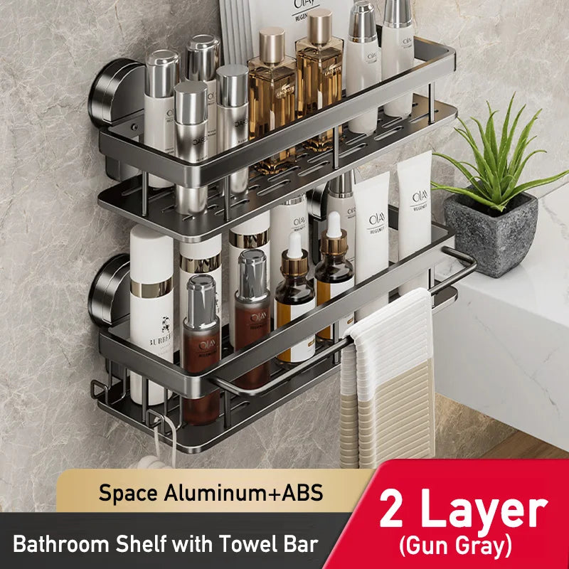 No-Drill Bathroom Shelf – Suction Cup Space Aluminum, Gun Gray