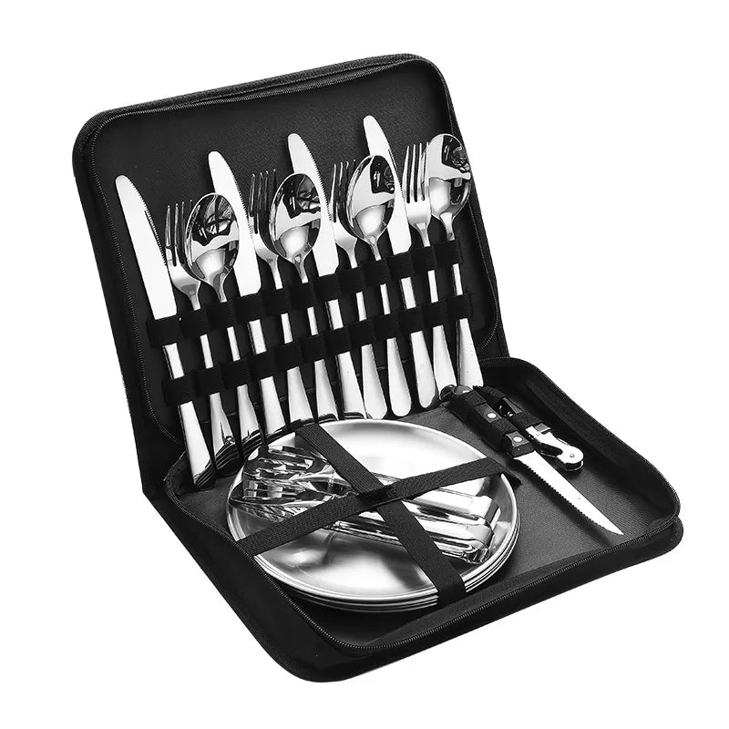 10/20Pcs Stainless Steel Outdoor Camping Cutlery Set with Storage Bag | Portable Picnic Plate Spoon Knife Fork Tong for Hiking