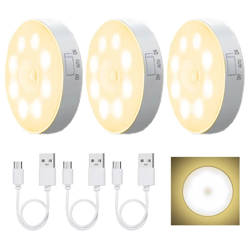 3-Pack Motion Sensor LED Night Light – USB Rechargeable Wireless Cabinet Light, 120° Sensor, Magnetic Mount, Cool/Warm White