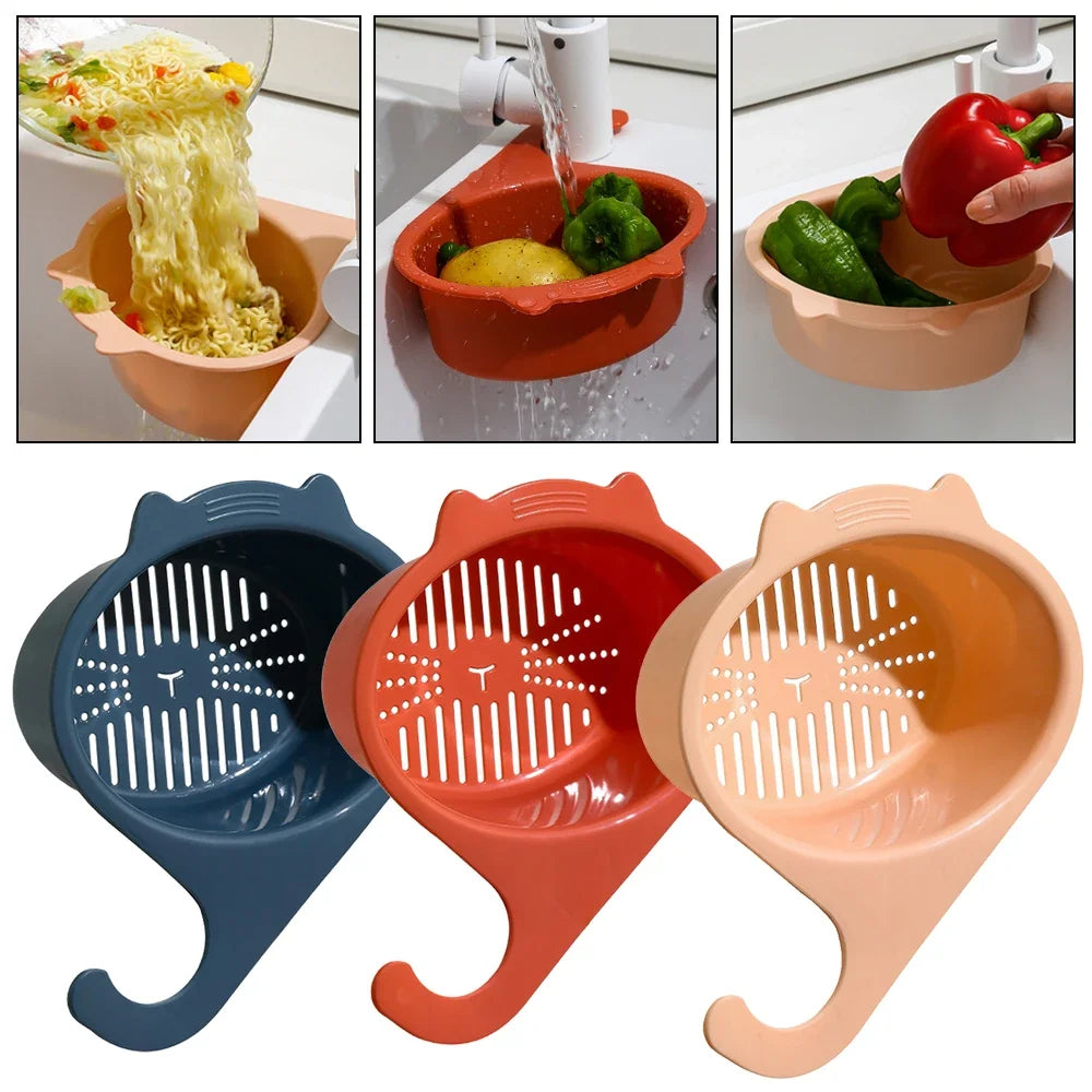 Cat Shape Kitchen Sink Drain Basket – Faucet Filter Strainer Shelf for Fruit, Vegetable & Food Scraps, PP Plastic Organizer, 20x17cm, Blue/Orange/Pink