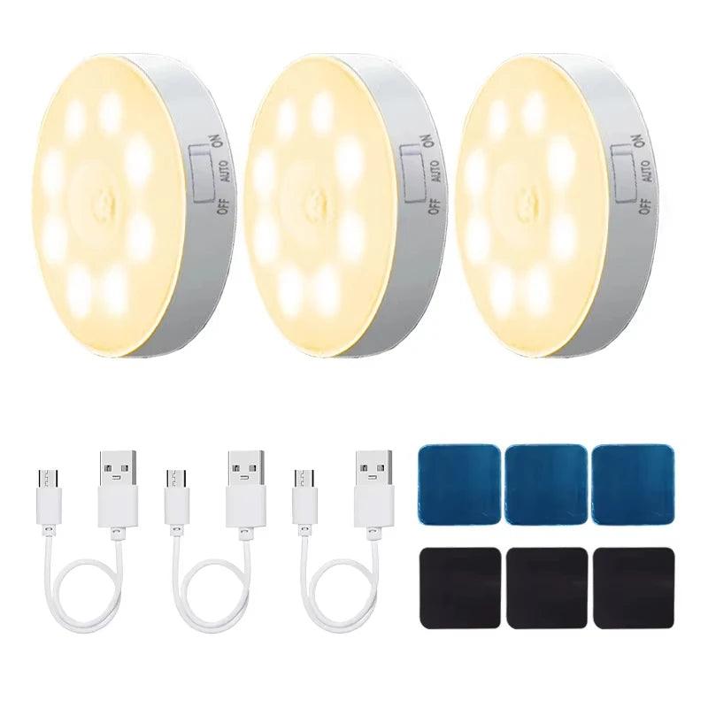 3-Pack Motion Sensor LED Night Light – USB Rechargeable Wireless Cabinet Light, 120° Sensor, Magnetic Mount, Cool/Warm White