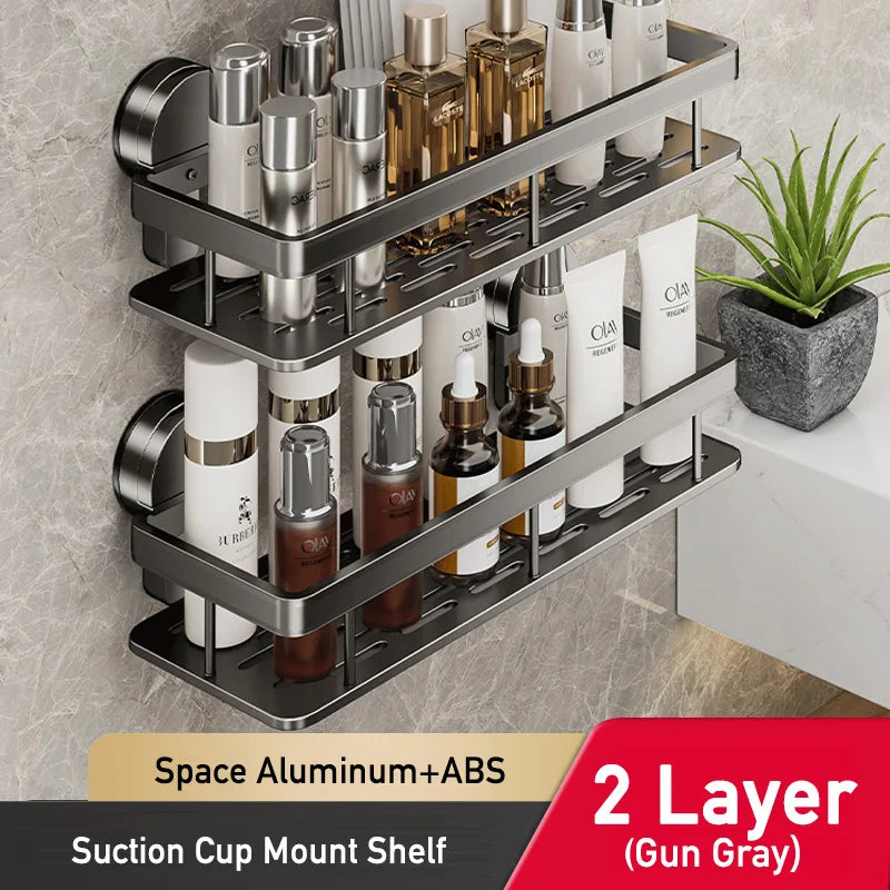 No-Drill Bathroom Shelf – Suction Cup Space Aluminum, Gun Gray