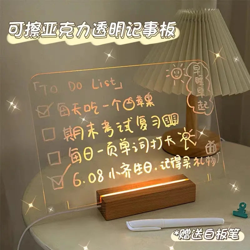 LED Luminous Acrylic Message Board – Desktop Night Light with Erasable Writing, Transparent Glowing Reminder Board for Home, Office & Bedroom Decor
