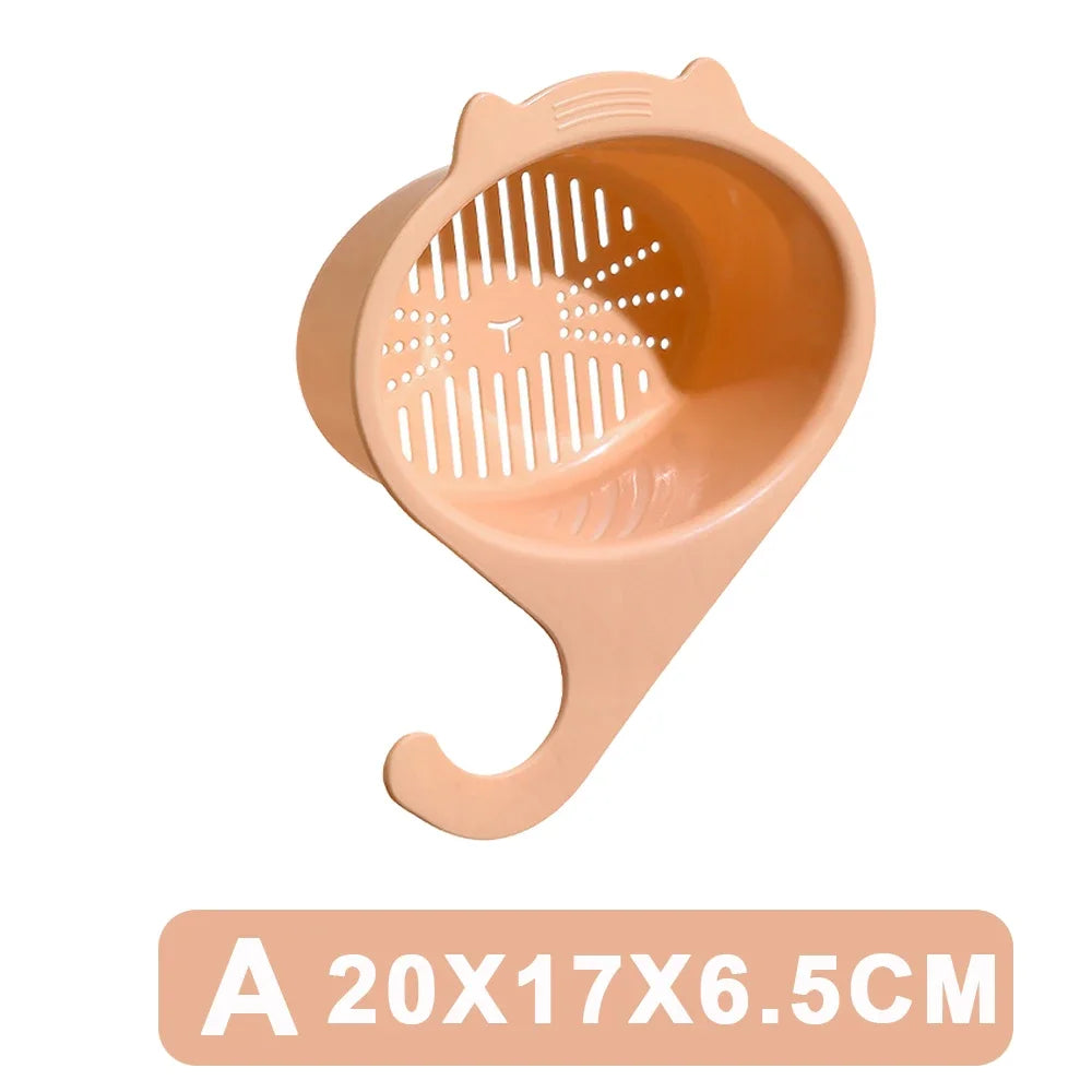 Cat Shape Kitchen Sink Drain Basket – Faucet Filter Strainer Shelf for Fruit, Vegetable & Food Scraps, PP Plastic Organizer, 20x17cm, Blue/Orange/Pink