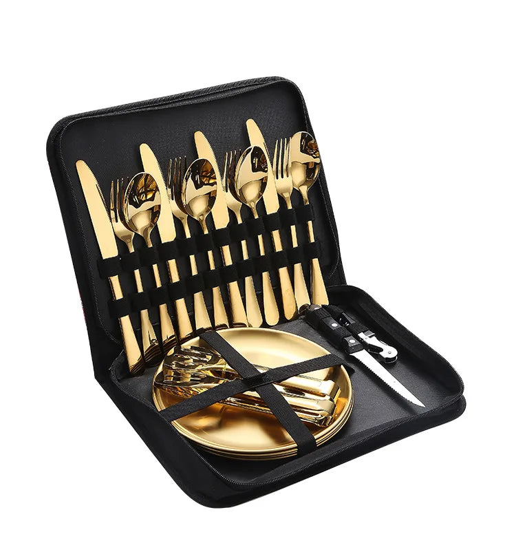 10/20Pcs Stainless Steel Outdoor Camping Cutlery Set with Storage Bag | Portable Picnic Plate Spoon Knife Fork Tong for Hiking