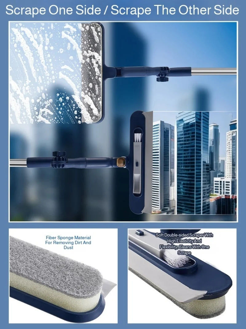 2-in-1 Double-Sided Window Cleaner with Telescopic Aluminum Handle – Rotatable High-Rise Glass Cleaning Tool