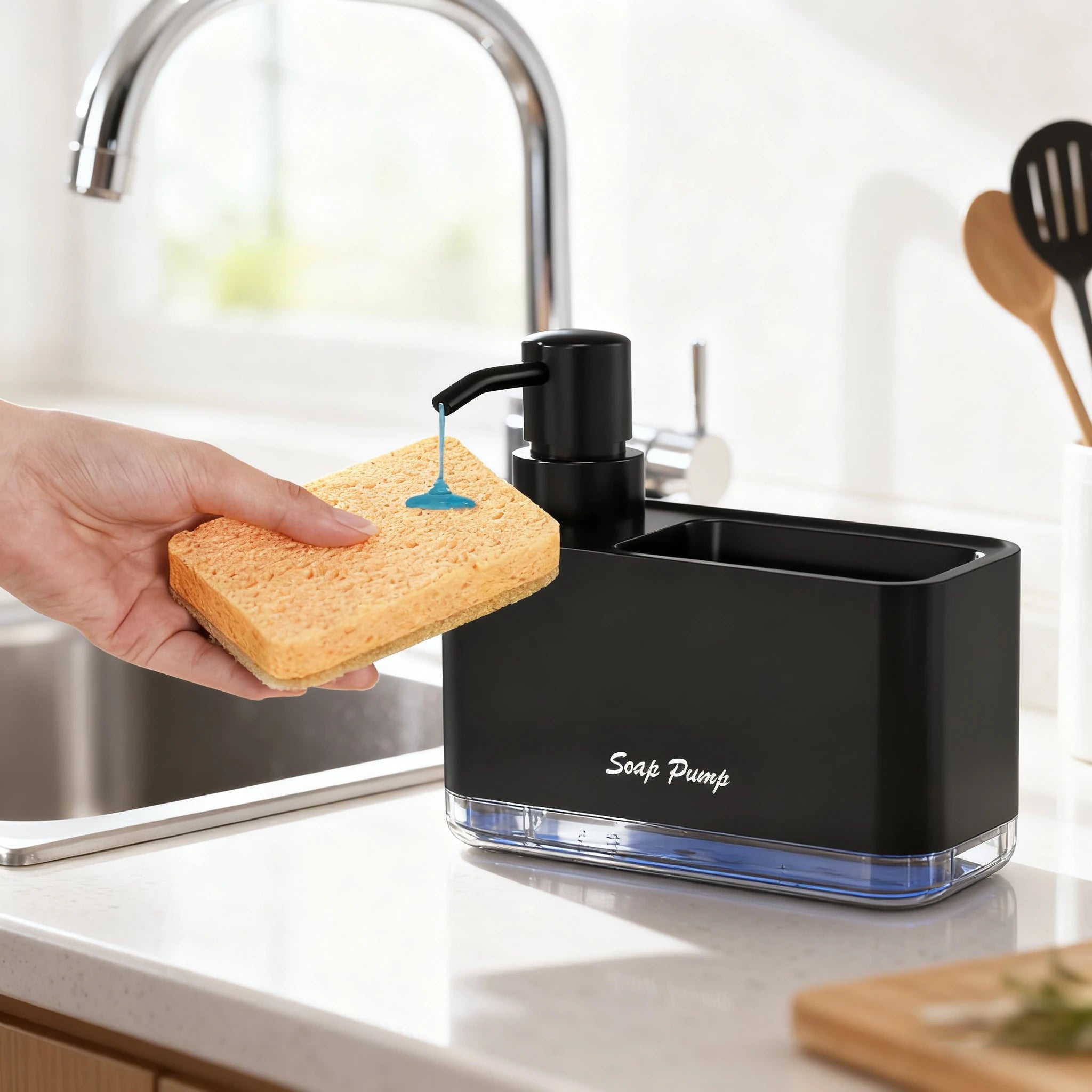 2-in-1 Dish Soap Dispenser with Sponge Holder – Kitchen Sink Caddy