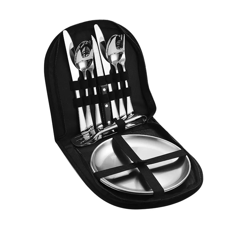 10/20Pcs Stainless Steel Outdoor Camping Cutlery Set with Storage Bag | Portable Picnic Plate Spoon Knife Fork Tong for Hiking