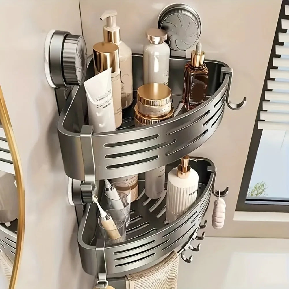Corner Shower Shelf with Suction Cups – No Drilling Triangular Bathroom Storage Organizer with Hooks, ABS Wall-Mounted Caddy for Shampoo & Toiletries