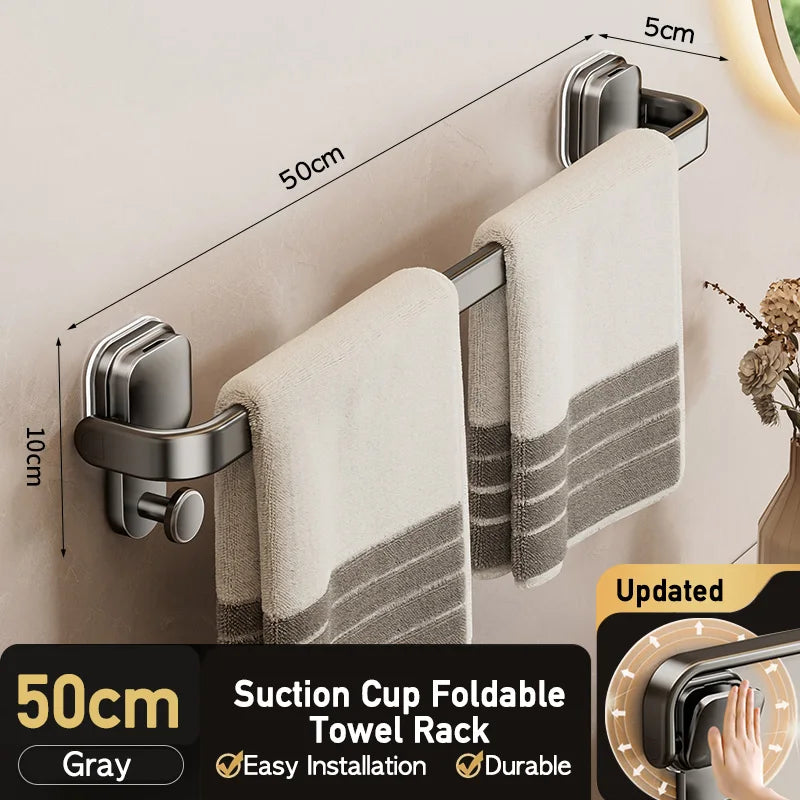 Foldable Towel Bar with Suction Cups – No Drill Wall Mount Steel Towel Rack for Bathroom, Kitchen & Balcony, Available in 30/40/50cm, Dark Gray